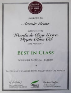 2016 NZ Extra Virgin Olive Oil Awards Best in Class Certificate Woodside Bay Extra Virgin Olive Oil